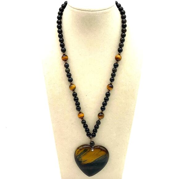 None and/or Unknown Jewelry - Tigers Eye Heart Pendant Beaded Necklace 16"